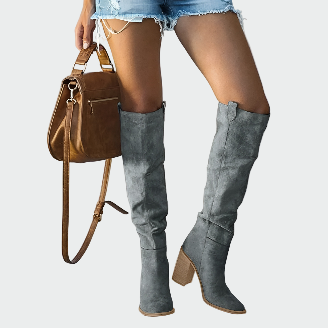 Bottes Hautes Femme Style Western en Daim Marron