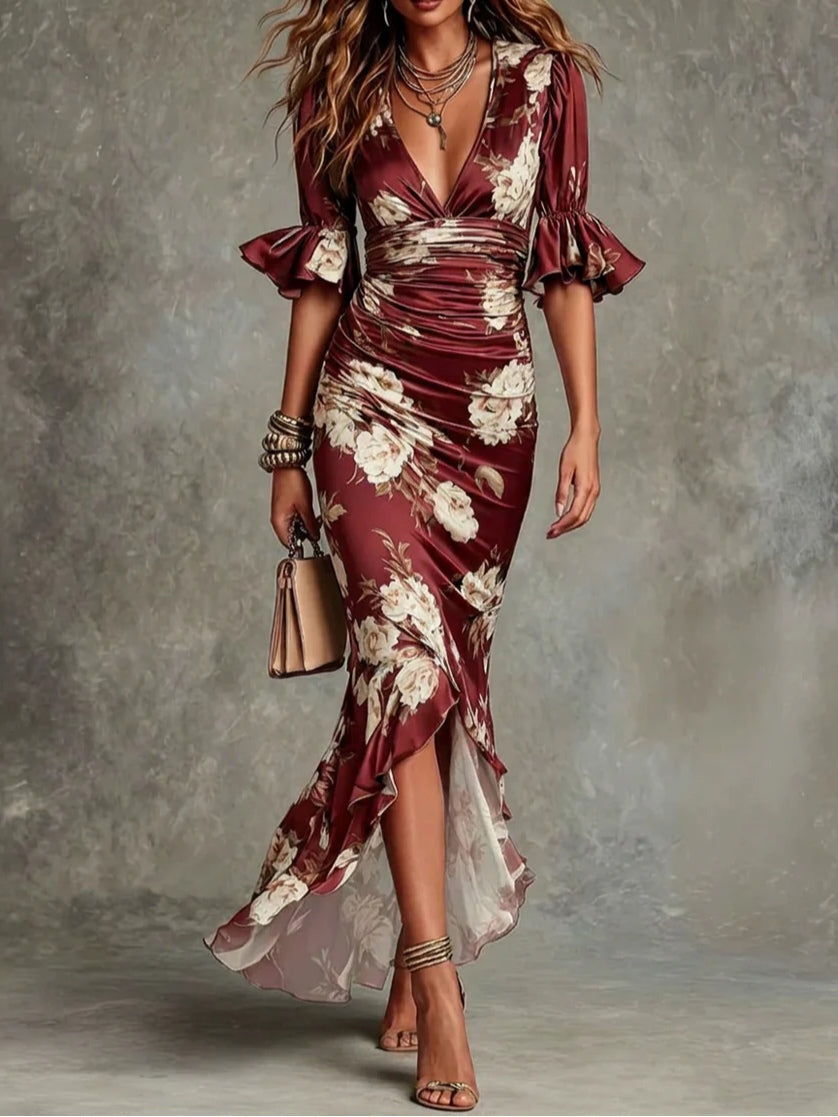 ANA · Robe longue asymétrique en satin avec décolleté en V