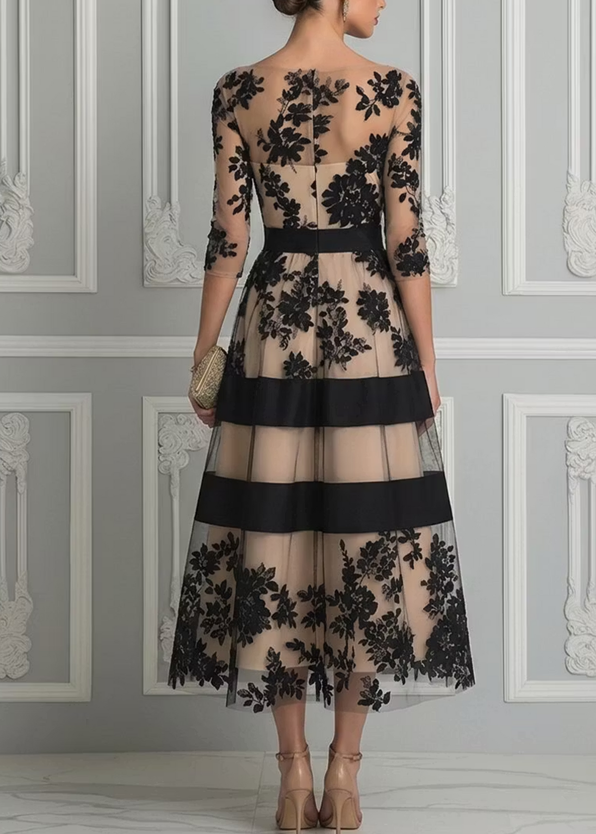 Maria | Robe Midi Évasée Élégante en Dentelle Noire