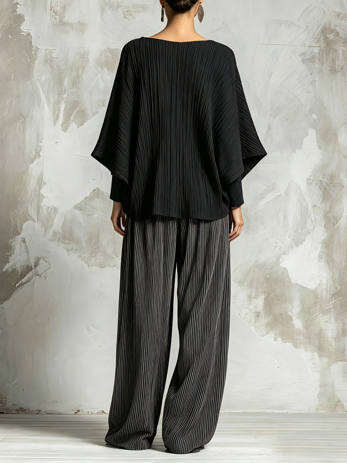 Geneviève™ | Ensemble Complet Deux Pièces Plissé avec Top Chauve-Souris et Pantalons à Jambe Large