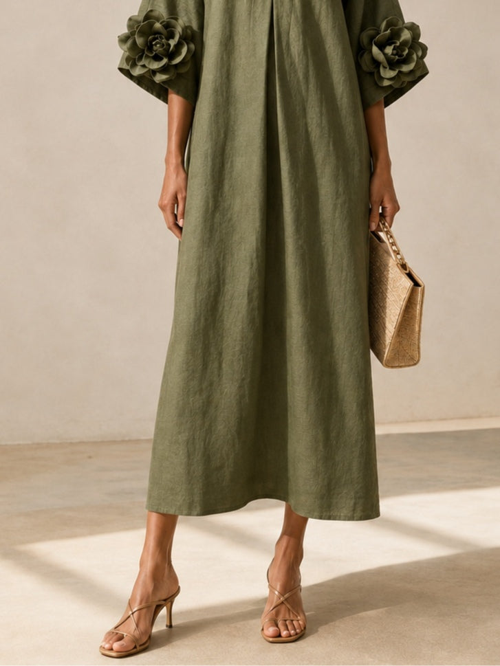 ELENA | ROBE MIDI VERTE OLIVE AVEC DÉCOLLETÉ EN V EN DÉTAILS FLORAUX