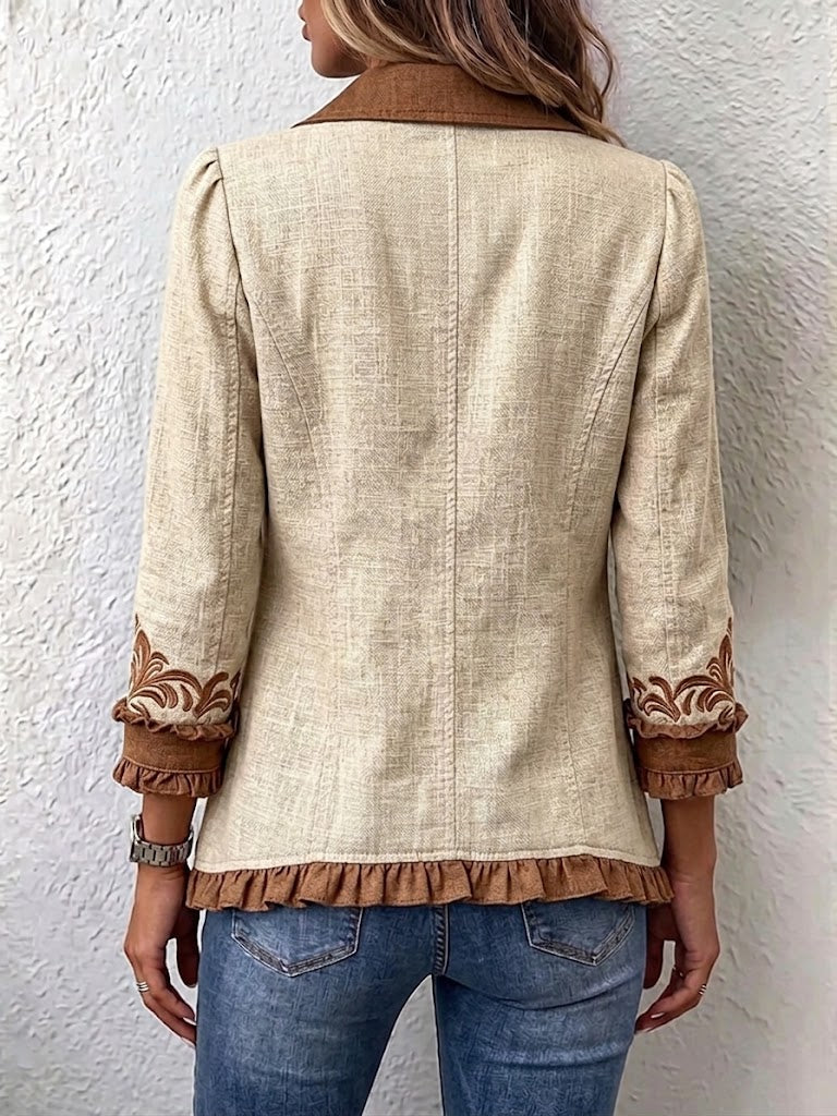 Octavie | Veste Bohème Fleurie Vintage Chameau et Marron à Volants
