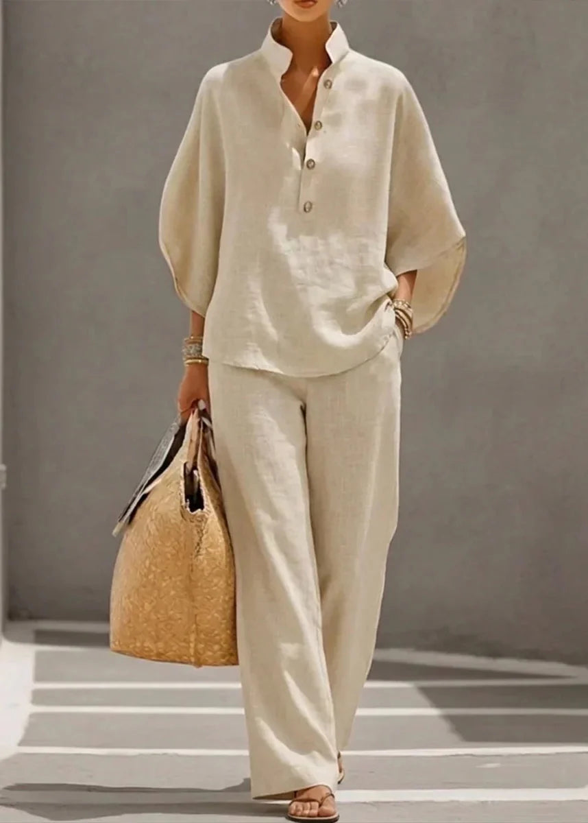 Maribel | Ensemble en lin avec manches chauve-souris et pantalon large