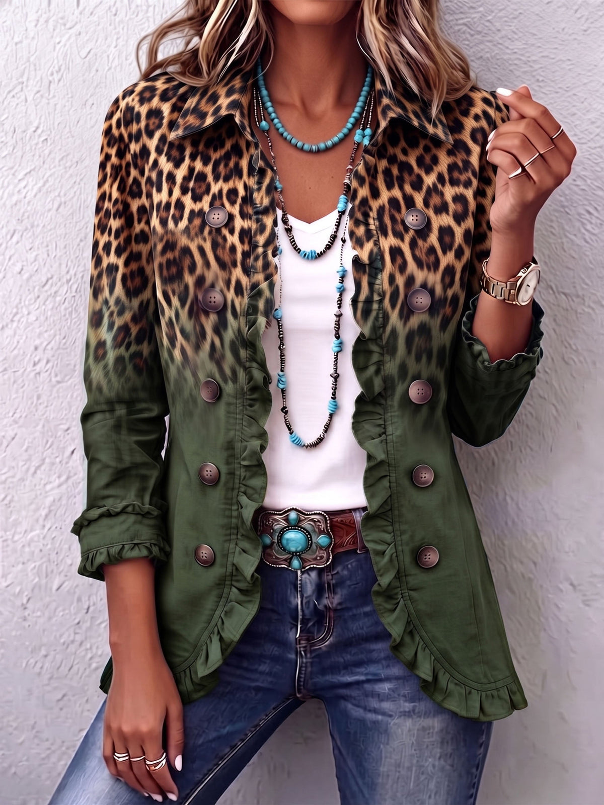 Louise | Blazer Léopard Dégradé Vert Olive à Volants