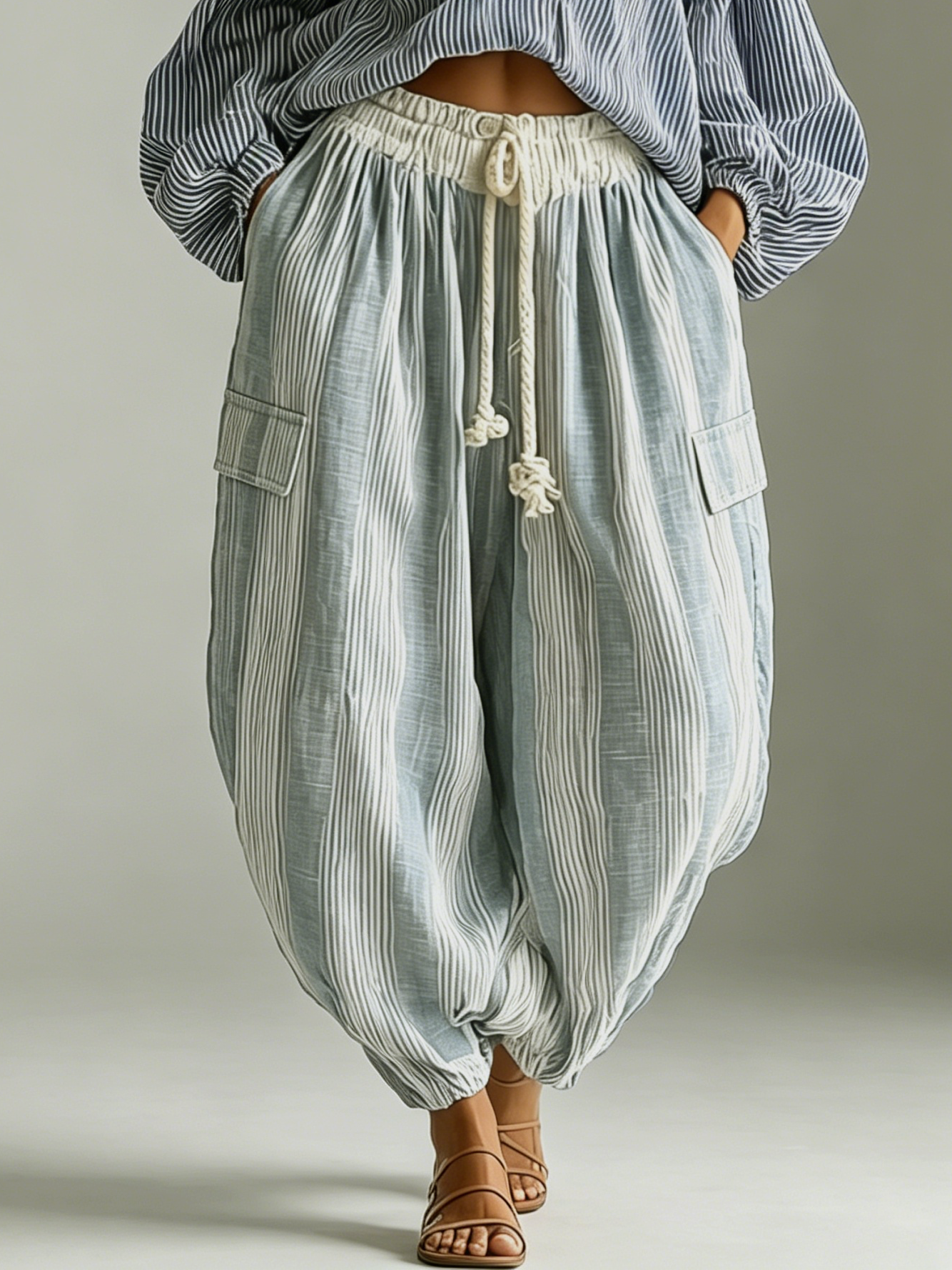 Francesca™ | Ensemble Bohémien Haut et Pantalons Rayés avec Manches Lanternes