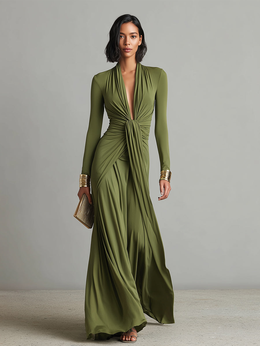 Sofía | Robe longue en soie vert olive avec décolleté en V et détails froncés