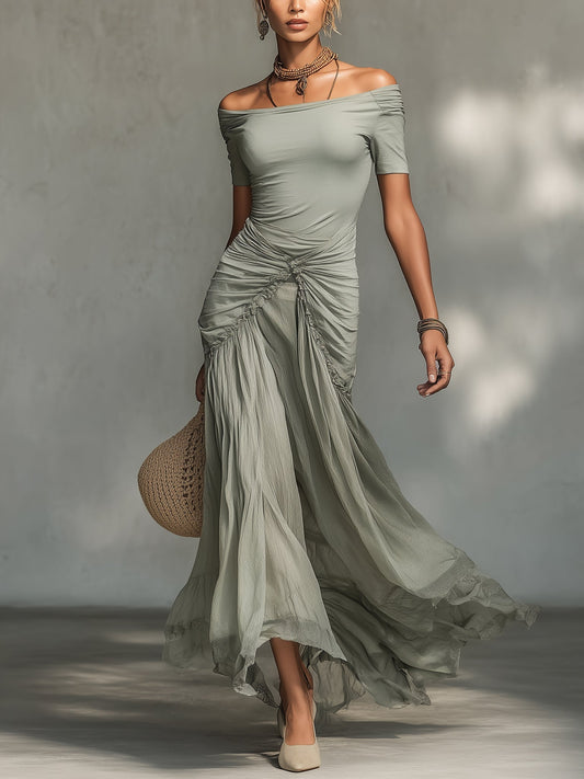 MARLYN · Robe longue grise en tissu extensible et chiffon