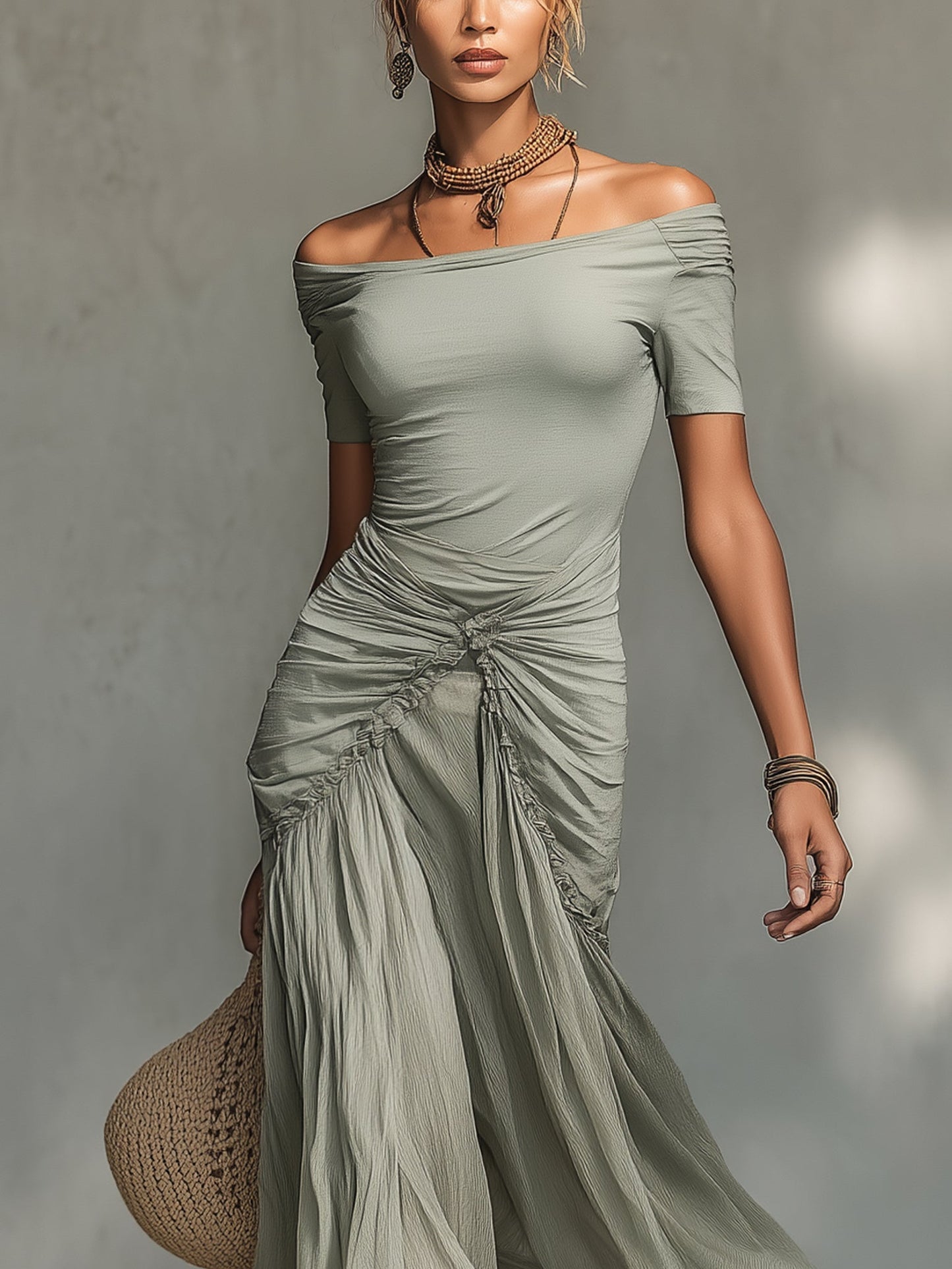 MARLYN · Robe longue grise en tissu extensible et chiffon