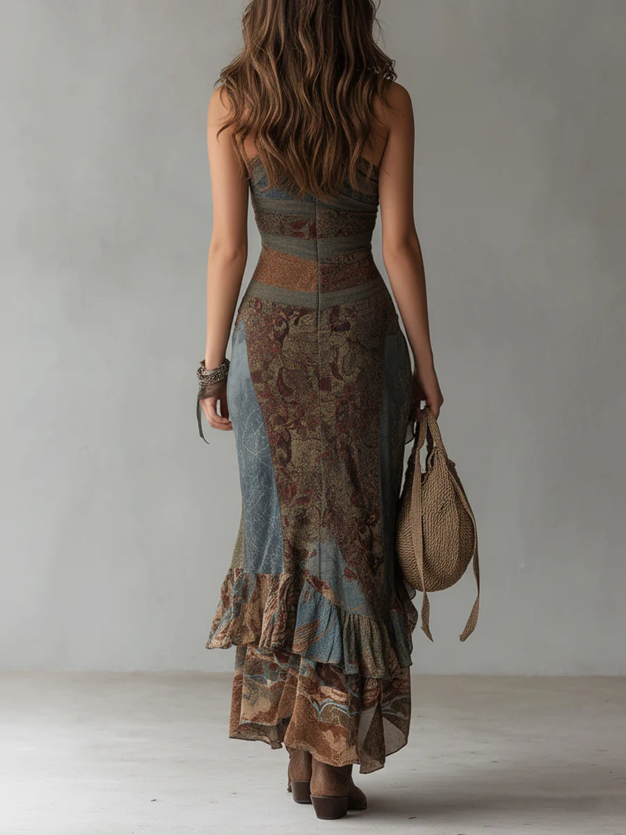 Elena - Robe longue asymétrique à une épaule avec imprimé ethnique et fente haute