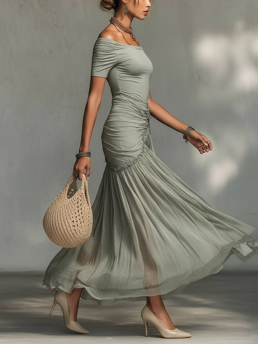 MARLYN · Robe longue grise en tissu extensible et chiffon