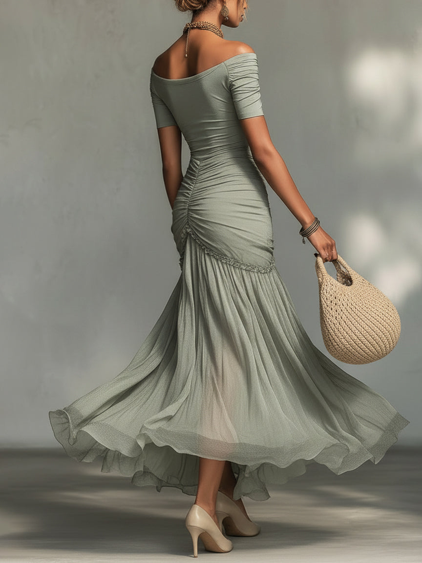 MARLYN · Robe longue grise en tissu extensible et chiffon