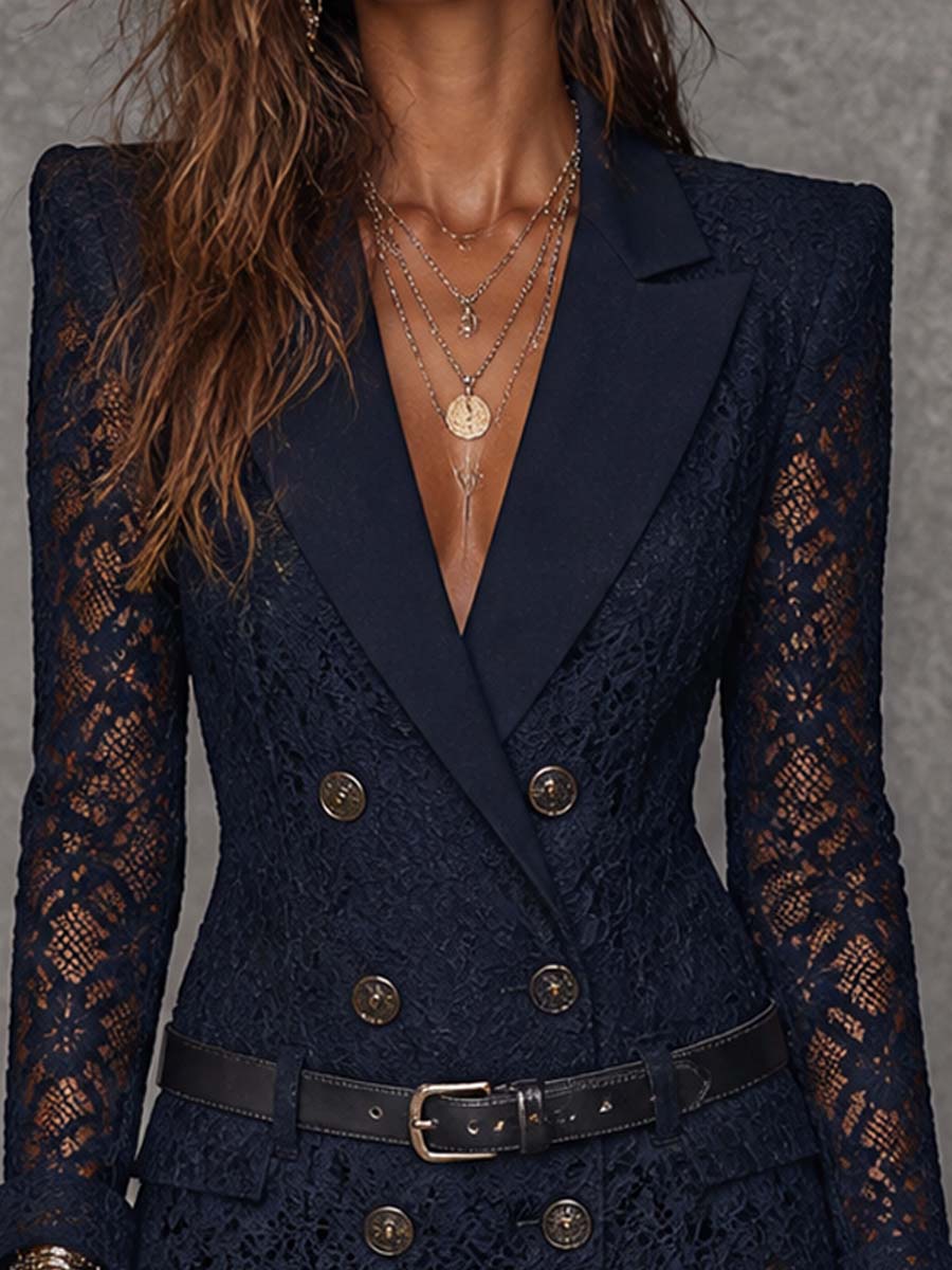 Elena™ | Blazer Mini Robe en Dentelle Bleu Nuit