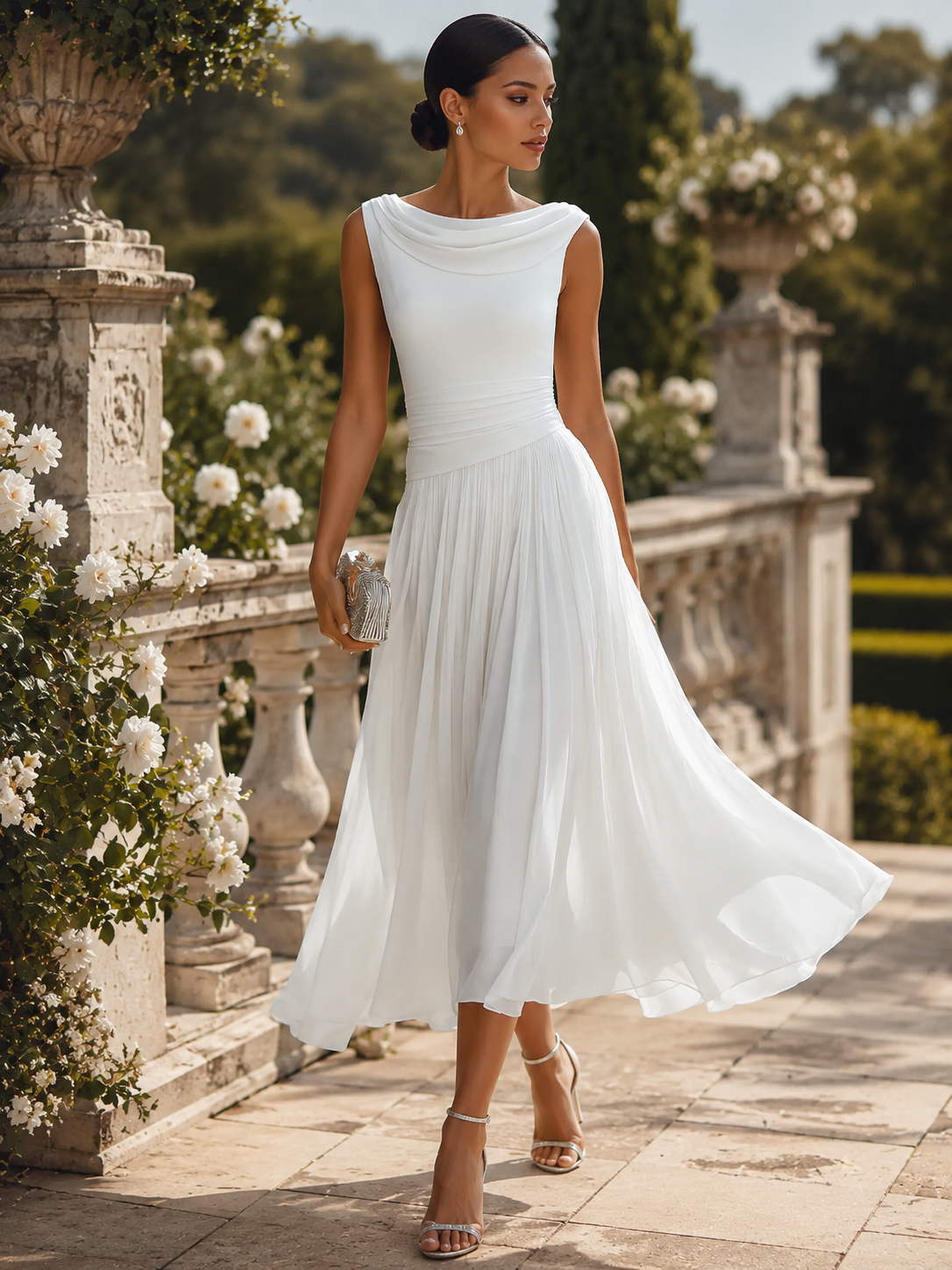 CINTIA · Robe midi plissée sans manches avec décolleté drapé