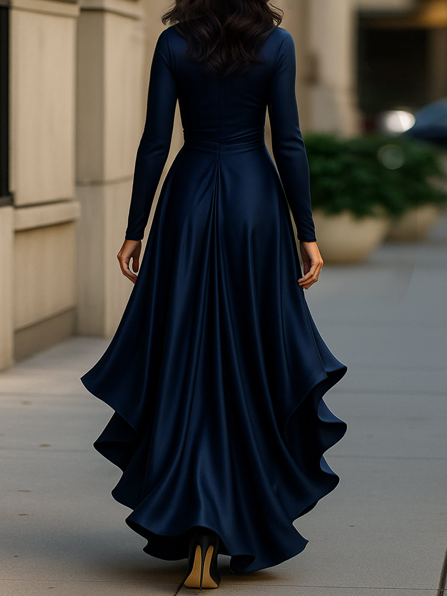 GINEVRA | Robe longue en satin drapé bleu nuit