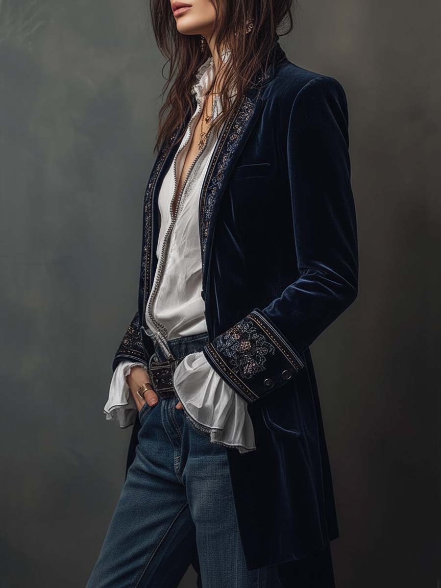 Athénaïs | Veste Longue Brodée Vintage Bleu Marine