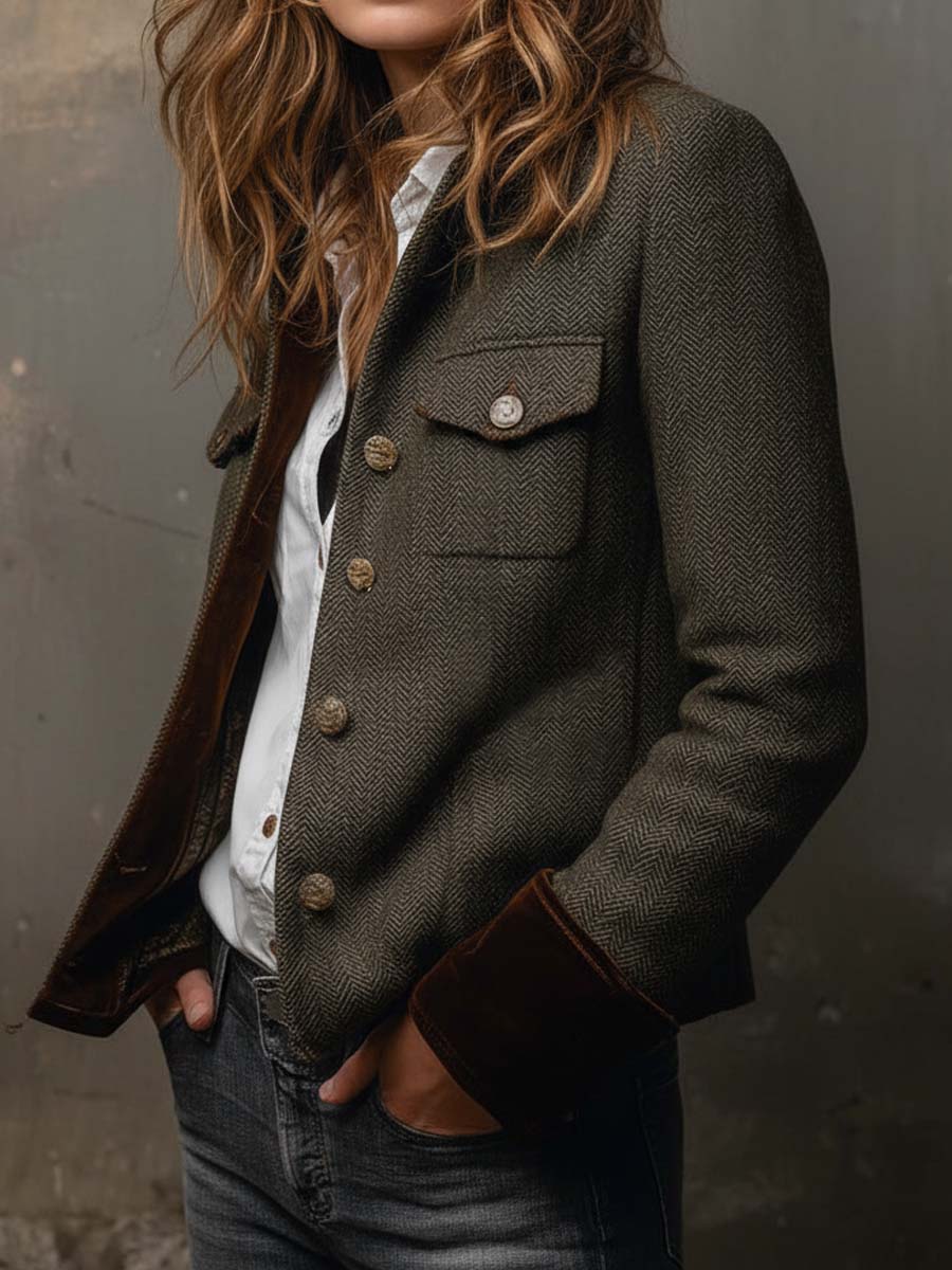 Honorine | Blazer Vintage Chevrons à Liserés Contrastants