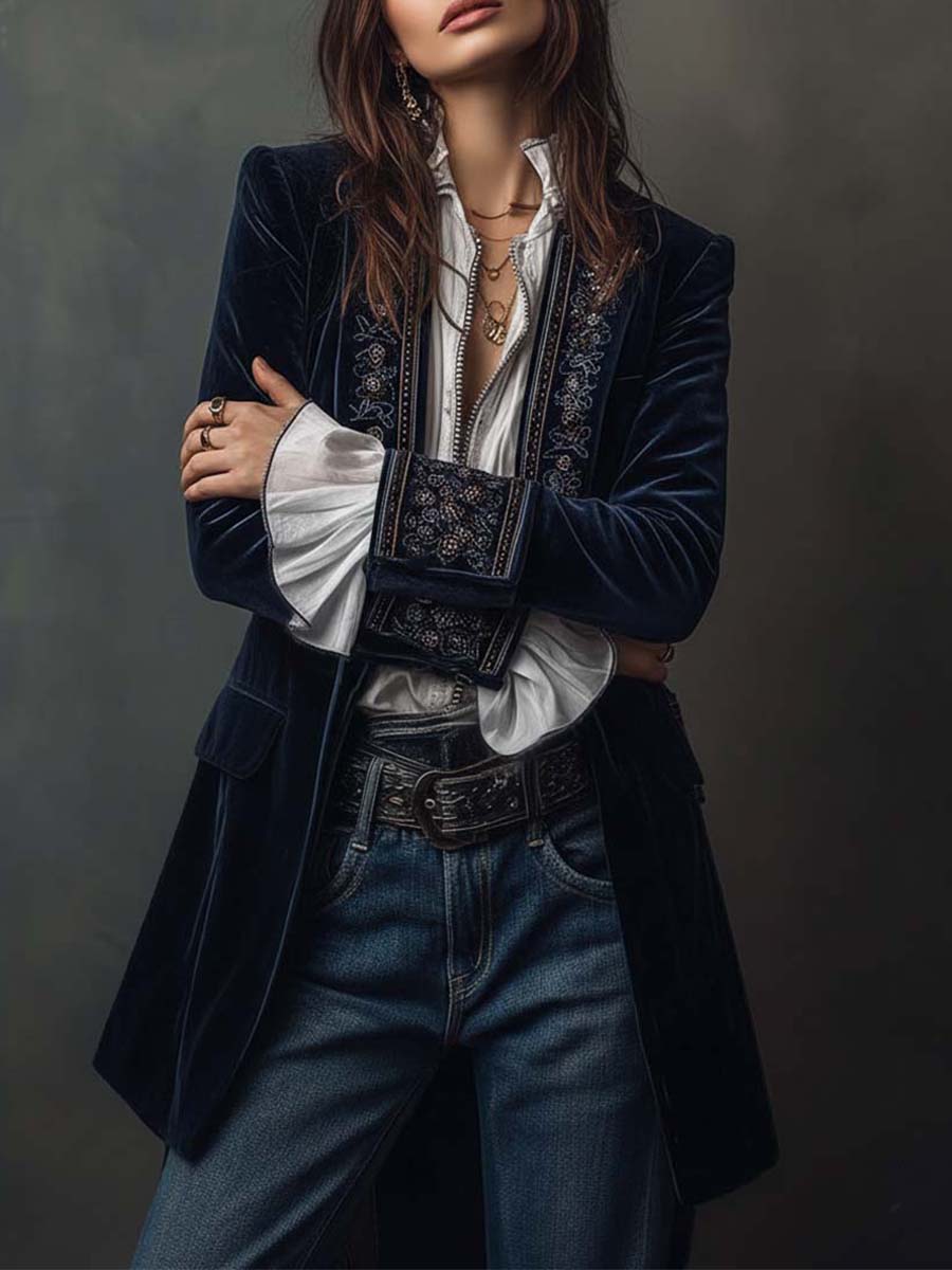 Athénaïs | Veste Longue Brodée Vintage Bleu Marine