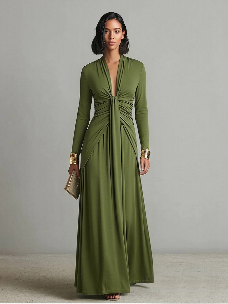 Sofía | Robe longue en soie vert olive avec décolleté en V et détails froncés