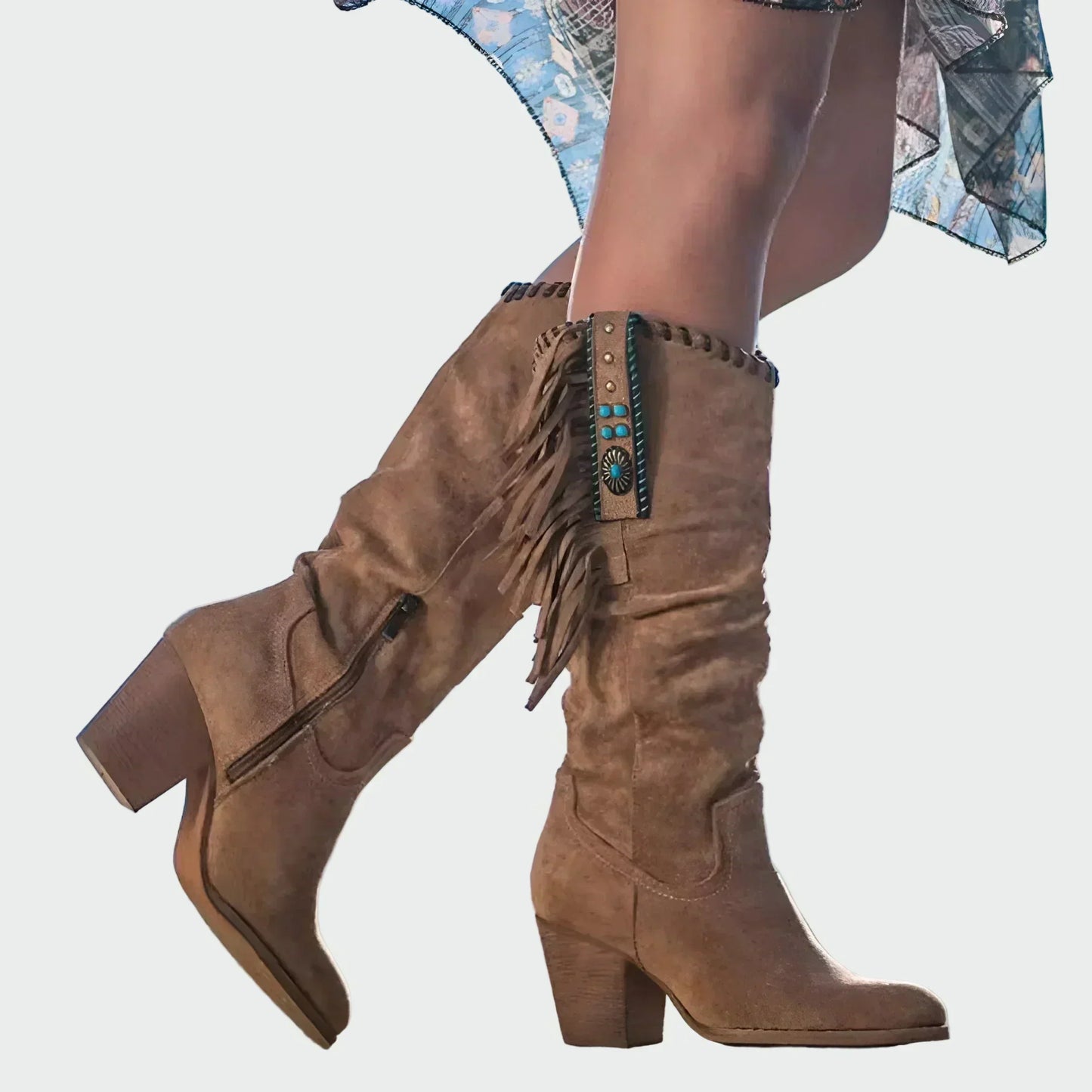 Bottes Cowboy Boho Femme avec Franges et Talon Moyen