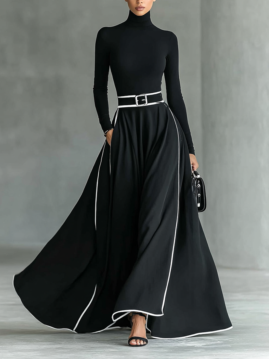 MARTINA | ROBE MAXI NOIRE AVEC COUTURES BLANCHES ET COL HAUT