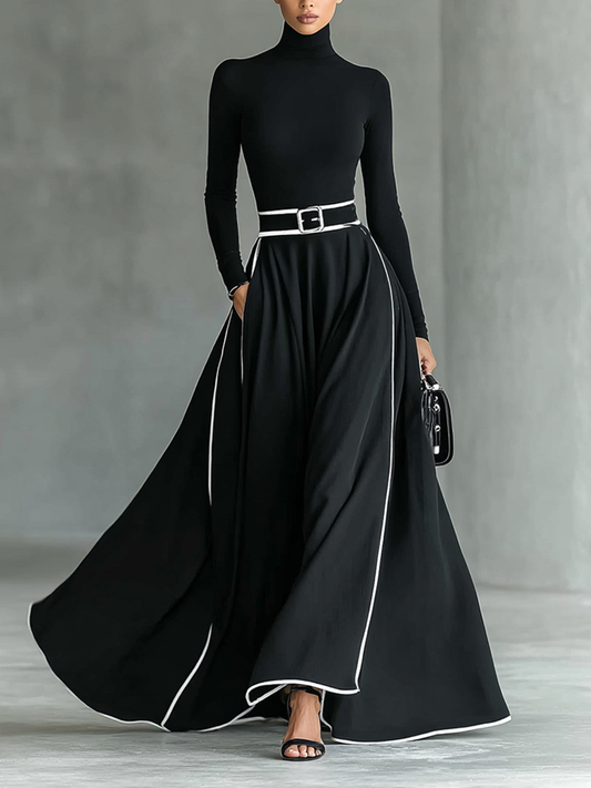 MARTINA | ROBE MAXI NOIRE AVEC COUTURES BLANCHES ET COL HAUT