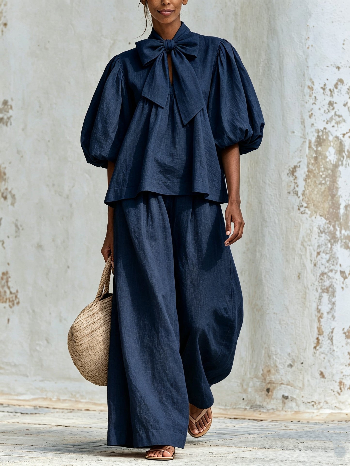 Beatrice™ | Ensemble Bohémien Rose Poudré en Mélange de Lin avec Décolleté à Nœud et Pantalons à Jambes Larges