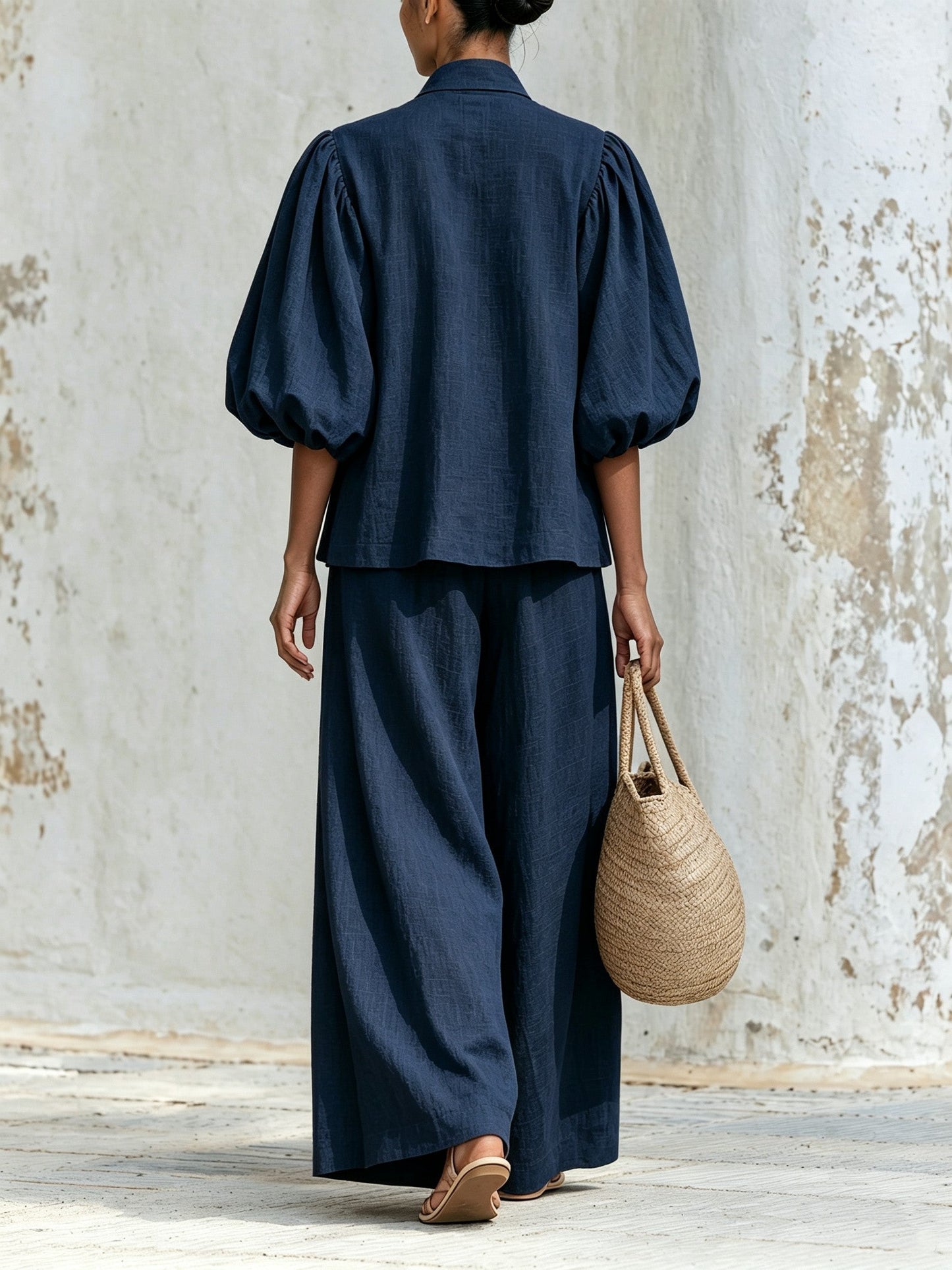 Beatrice™ | Ensemble Bohémien Rose Poudré en Mélange de Lin avec Décolleté à Nœud et Pantalons à Jambes Larges