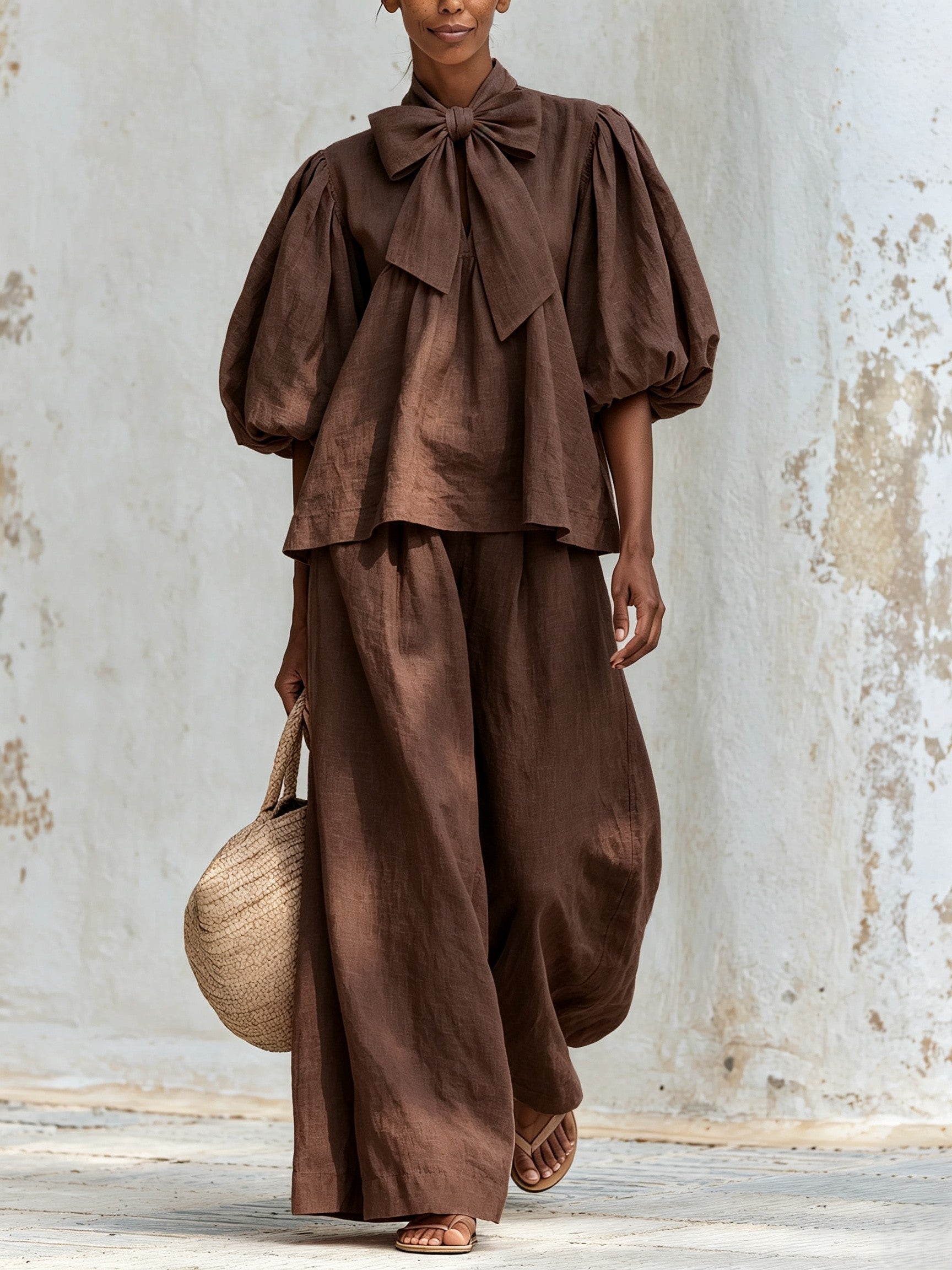 Beatrice™ | Ensemble Bohème Rose Poudré en Mélange de Lin avec Décolleté à Nœud et Pantalon Large
