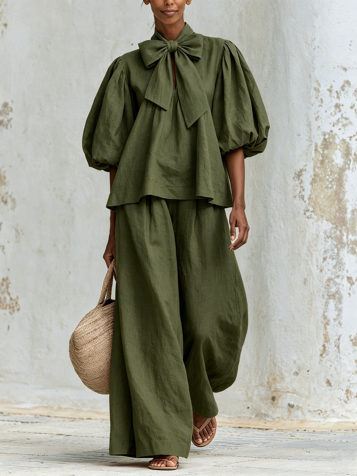 Beatrice™ | Ensemble Bohémien Rose Poudré en Mélange de Lin avec Décolleté à Nœud et Pantalons à Jambes Larges