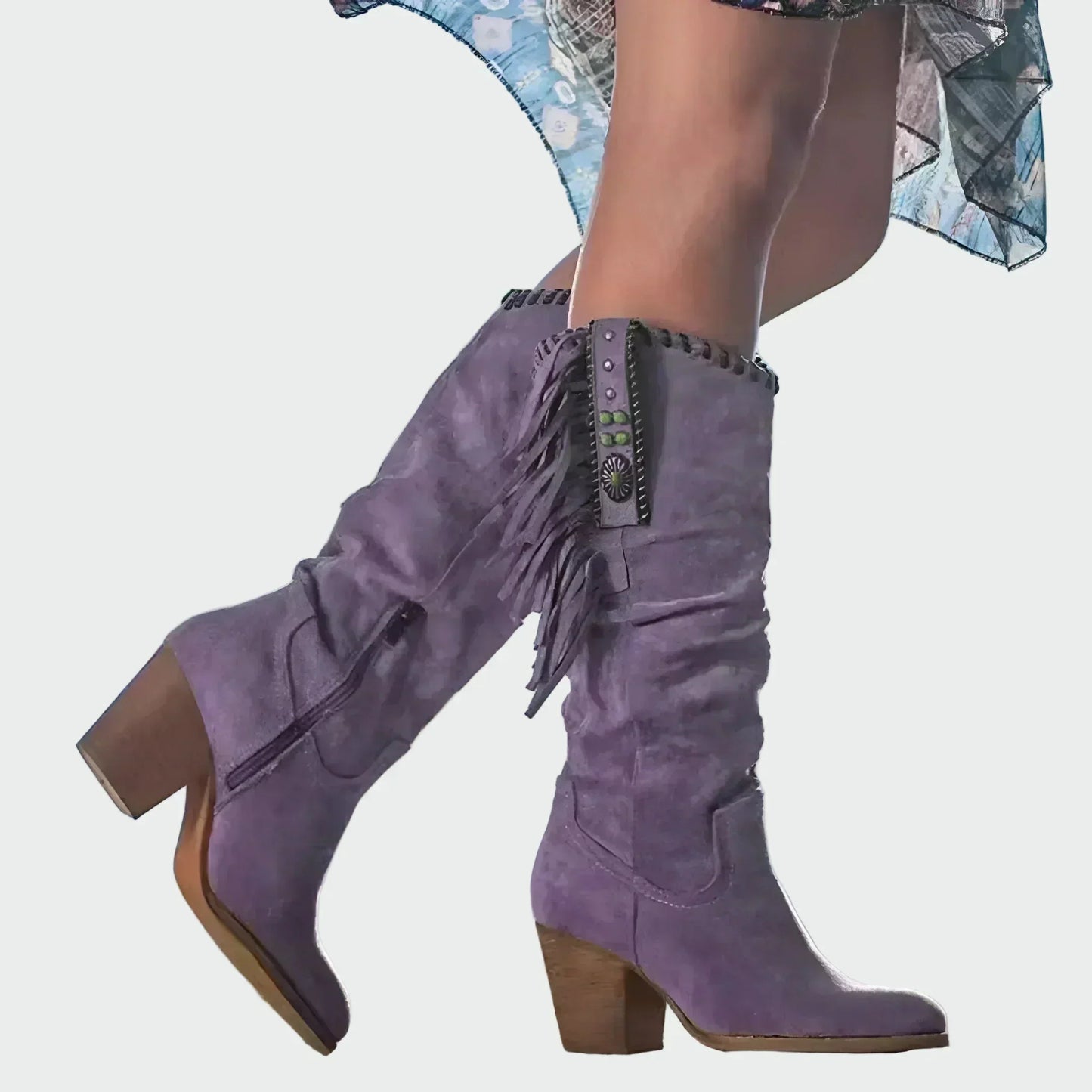Bottes Cowboy Boho Femme avec Franges et Talon Moyen