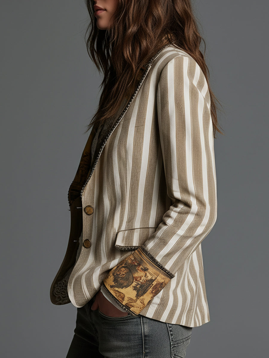Suzanne | Blazer Bohème Rayé à Col Imprimé