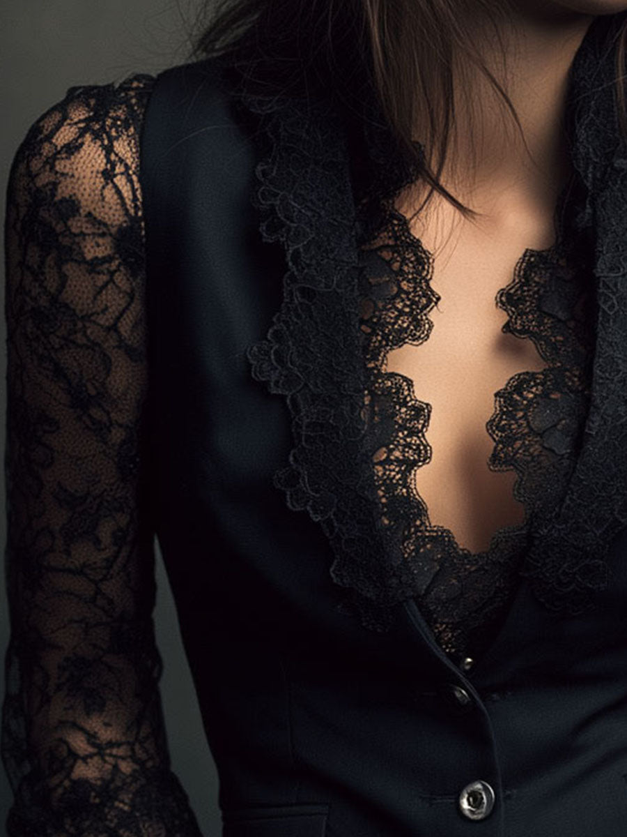 Noémie | Haut Blazer Noir à Manches Semi-Transparentes