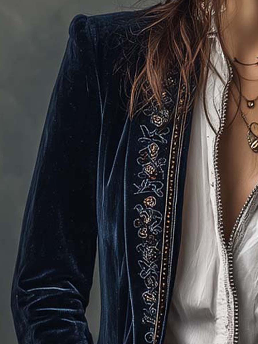 Athénaïs | Veste Longue Brodée Vintage Bleu Marine