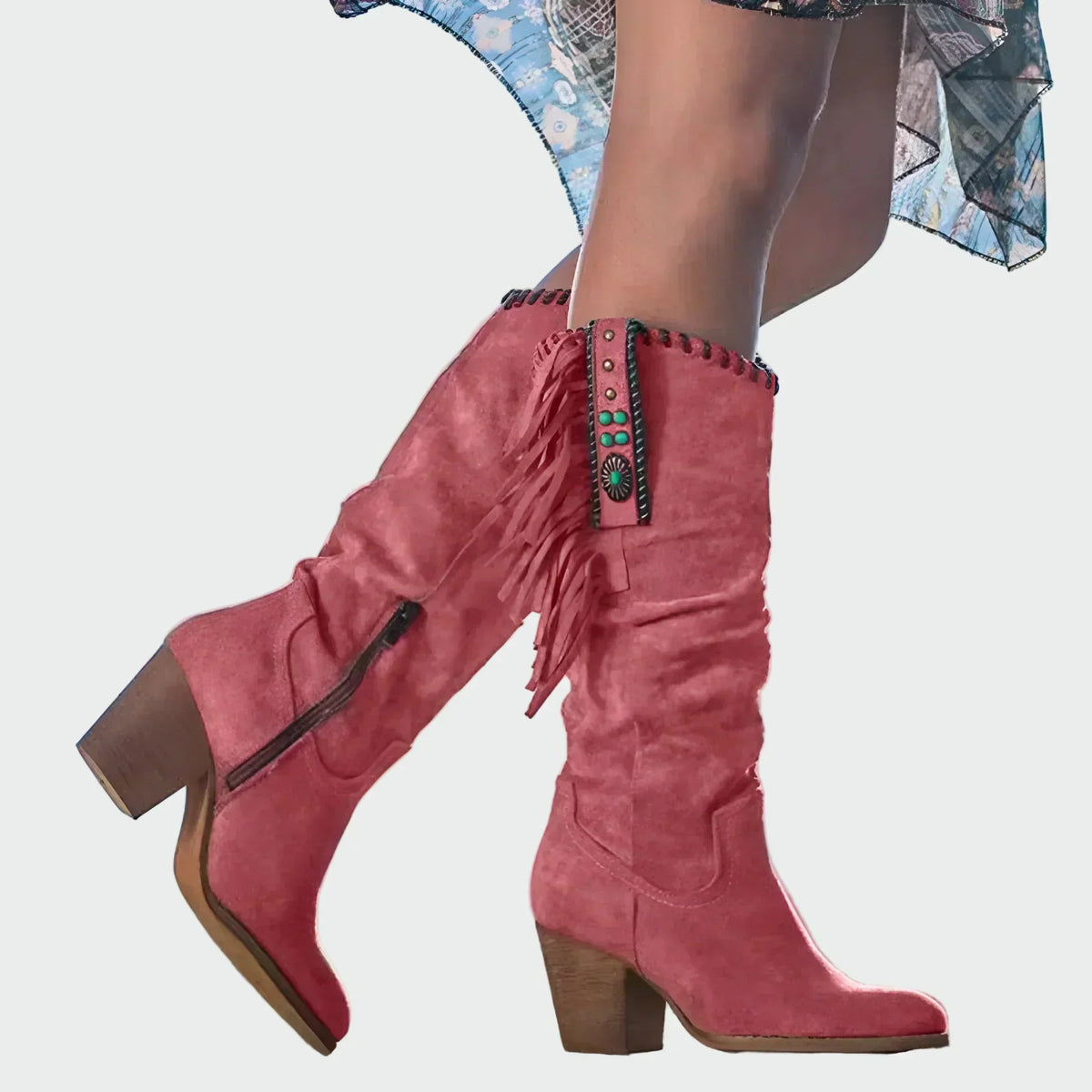 Bottes Cowboy Boho Femme avec Franges et Talon Moyen