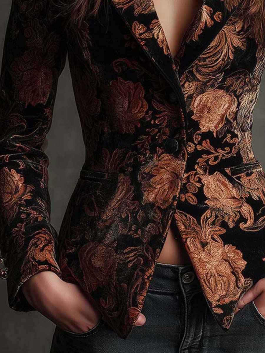 Bertille | Blazer Tailleur Imprimé Fleuri Noir et Bronze