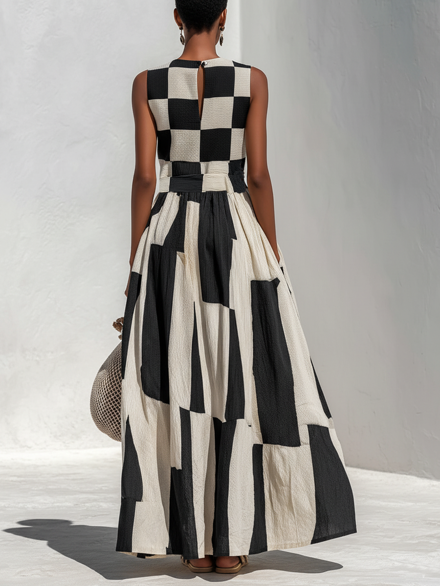 ANDREA | Robe longue sans manches à motif à carreaux et rayures