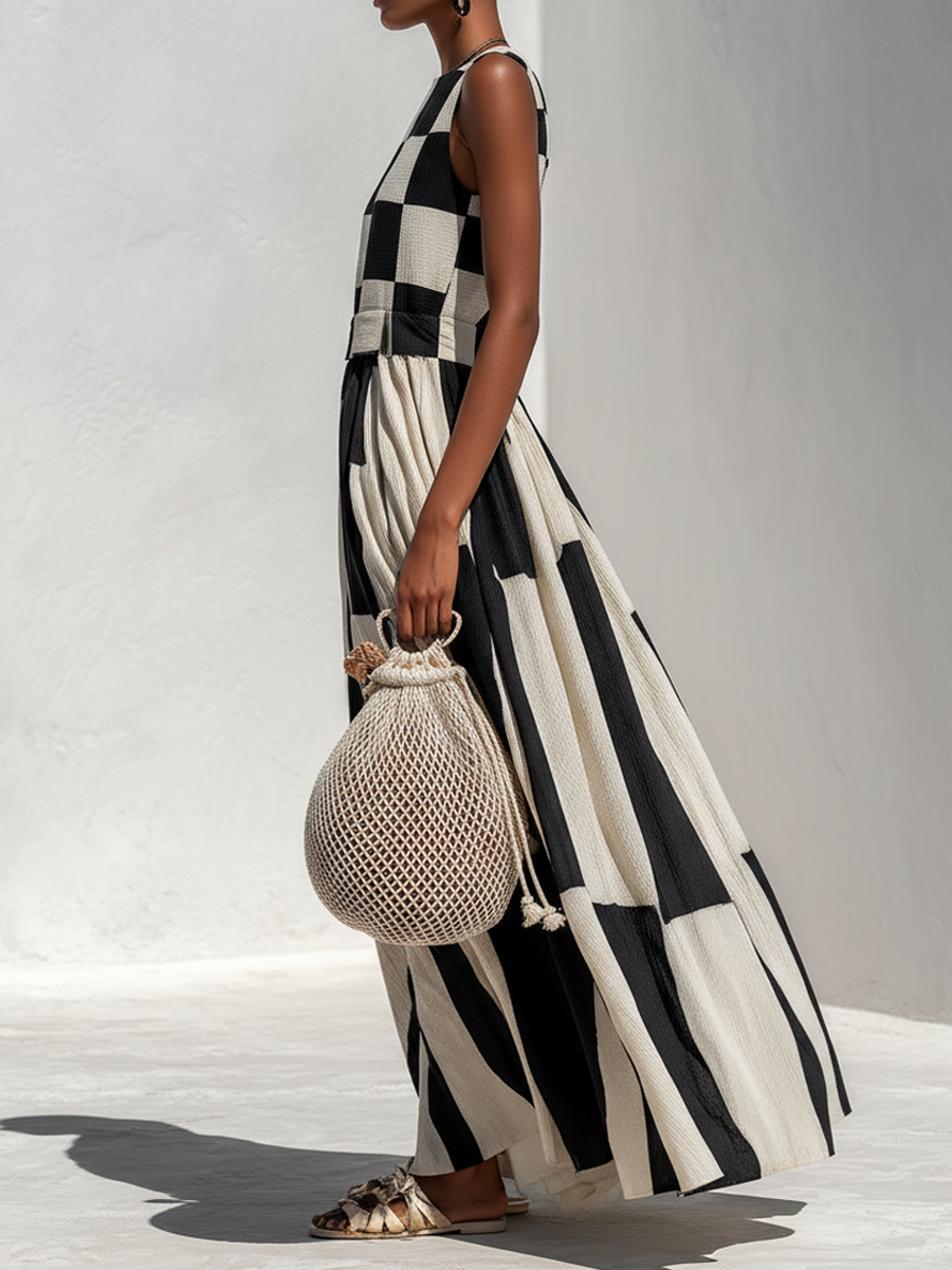 ANDREA | Robe longue sans manches à motif à carreaux et rayures