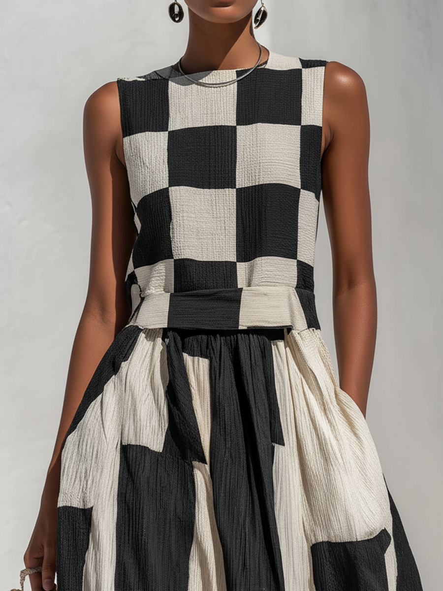 ANDREA | Robe longue sans manches à motif à carreaux et rayures