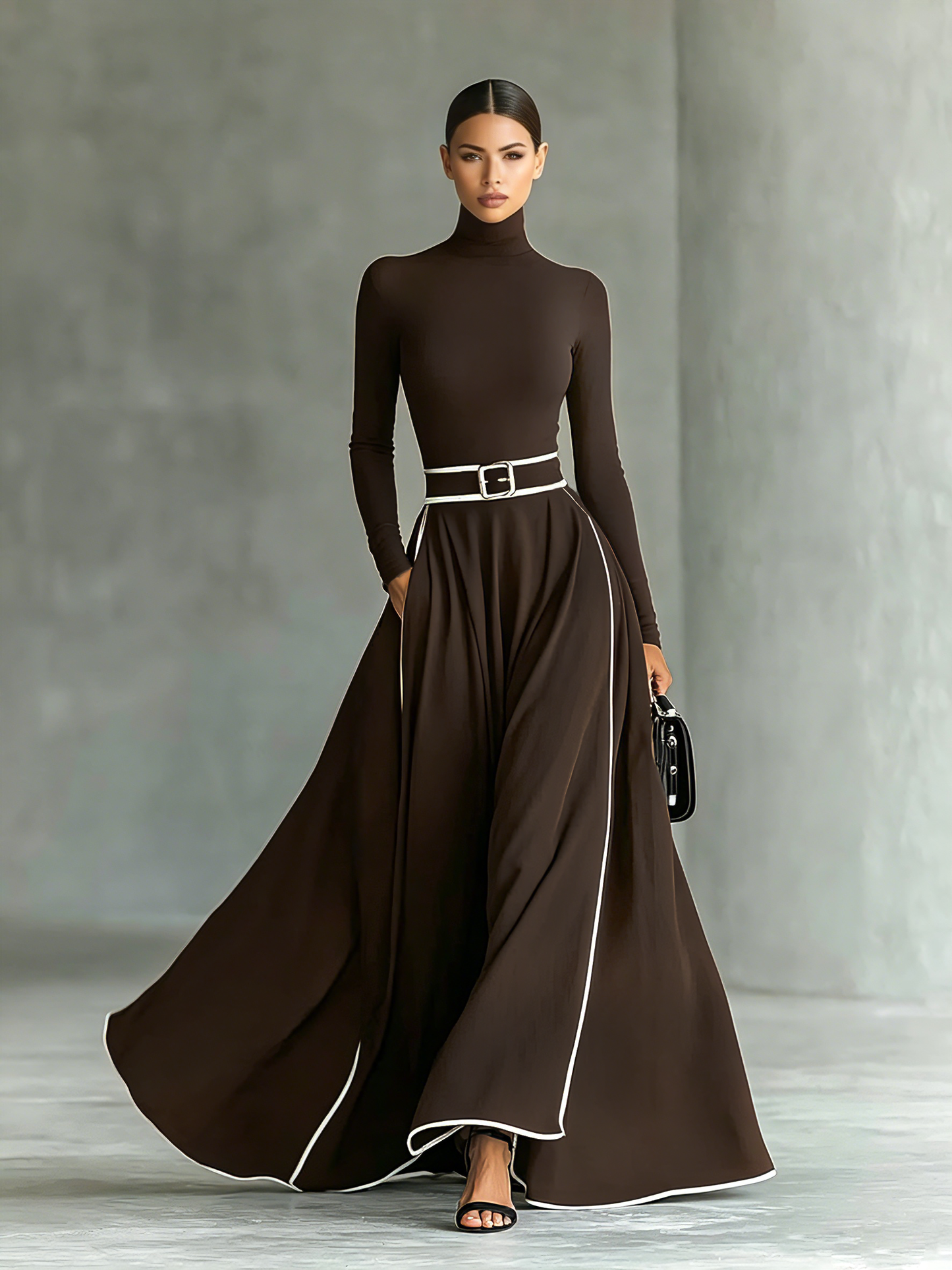 MARTINA | ROBE MAXI NOIRE AVEC COUTURES BLANCHES ET COL HAUT