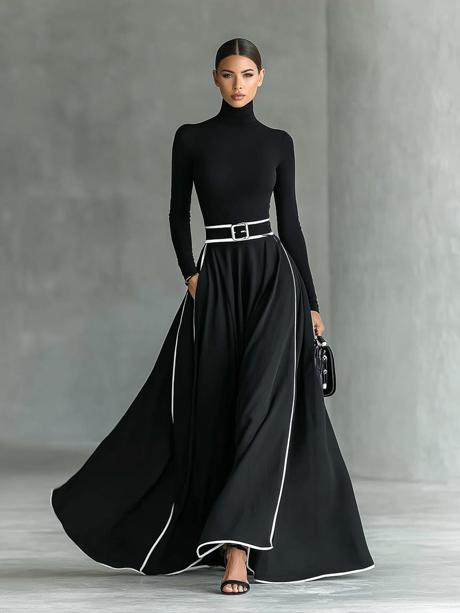 MARTINA | ROBE MAXI NOIRE AVEC COUTURES BLANCHES ET COL HAUT