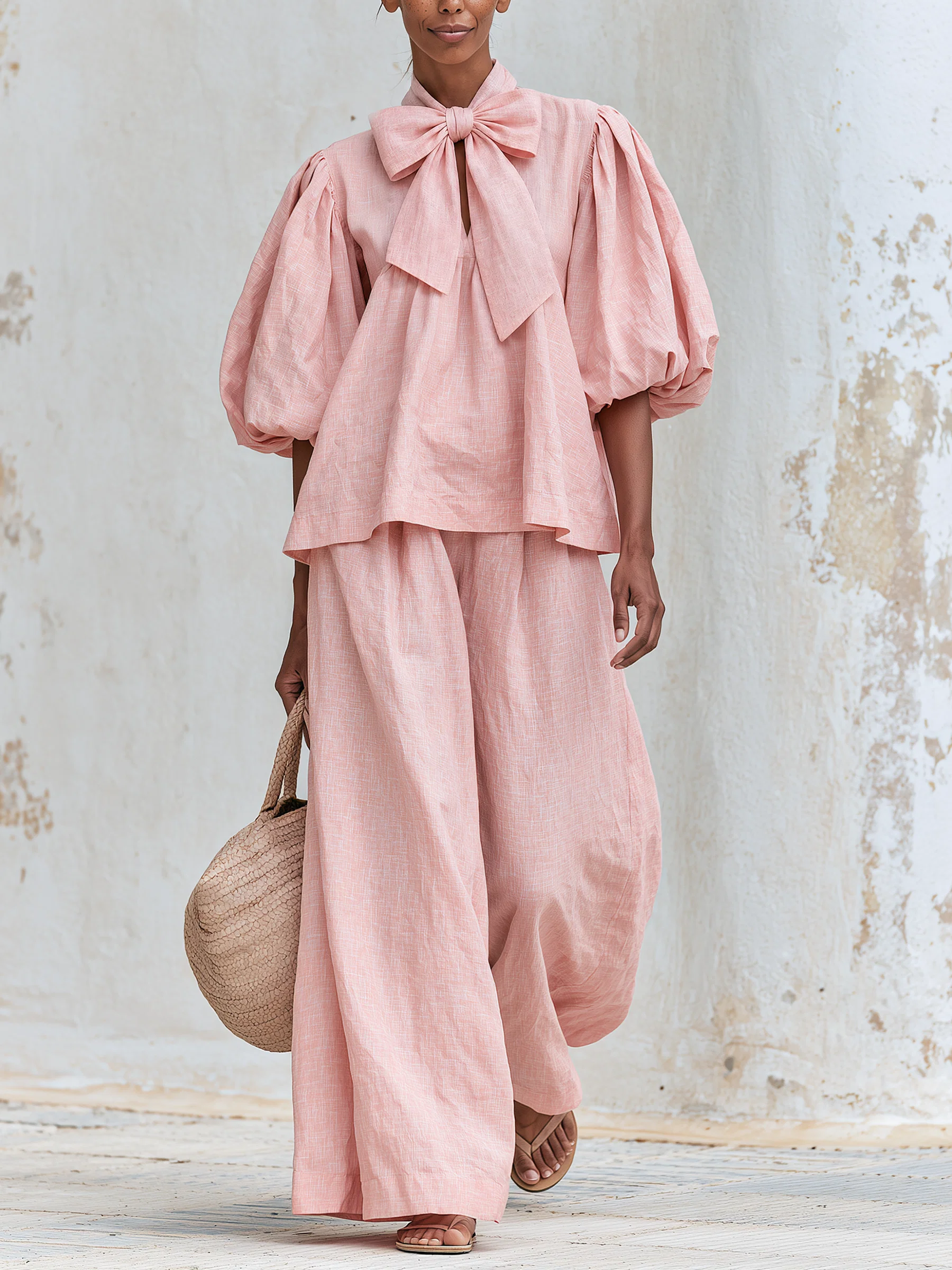 Beatrice™ | Ensemble Bohème Rose Poudré en Mélange de Lin avec Décolleté à Nœud et Pantalon Large