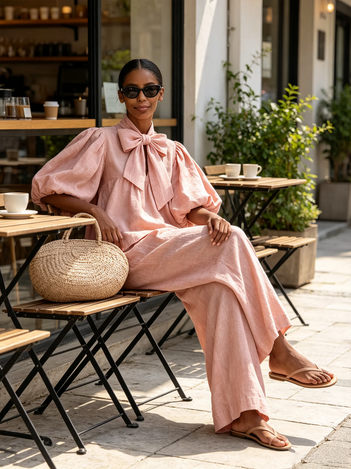 Beatrice™ | Ensemble Bohémien Rose Poudré en Mélange de Lin avec Décolleté à Nœud et Pantalons à Jambes Larges