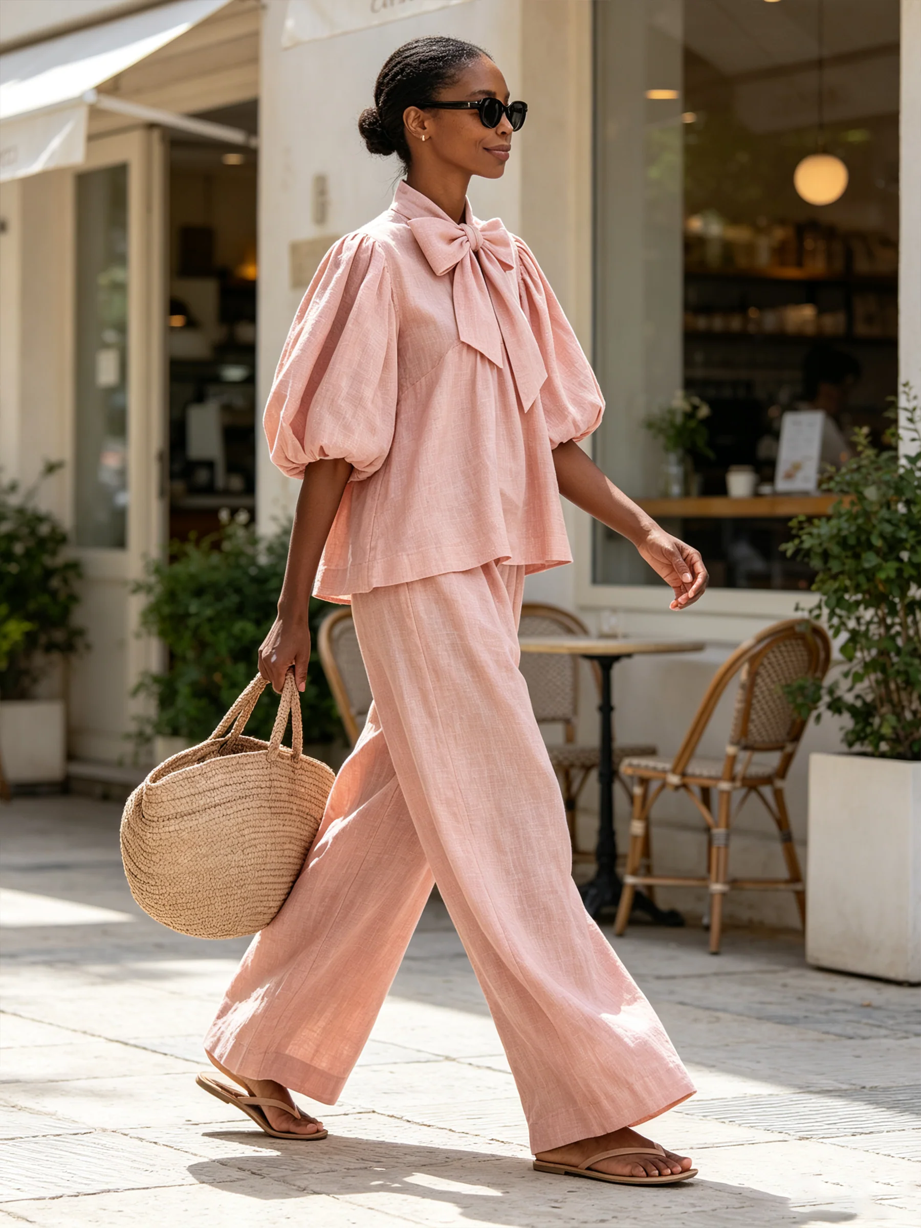Beatrice™ | Ensemble Bohème Rose Poudré en Mélange de Lin avec Décolleté à Nœud et Pantalon Large