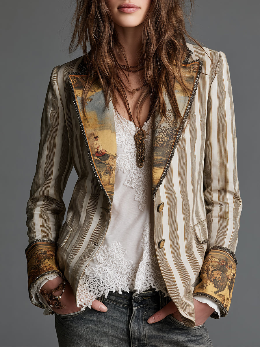 Suzanne | Blazer Bohème Rayé à Col Imprimé