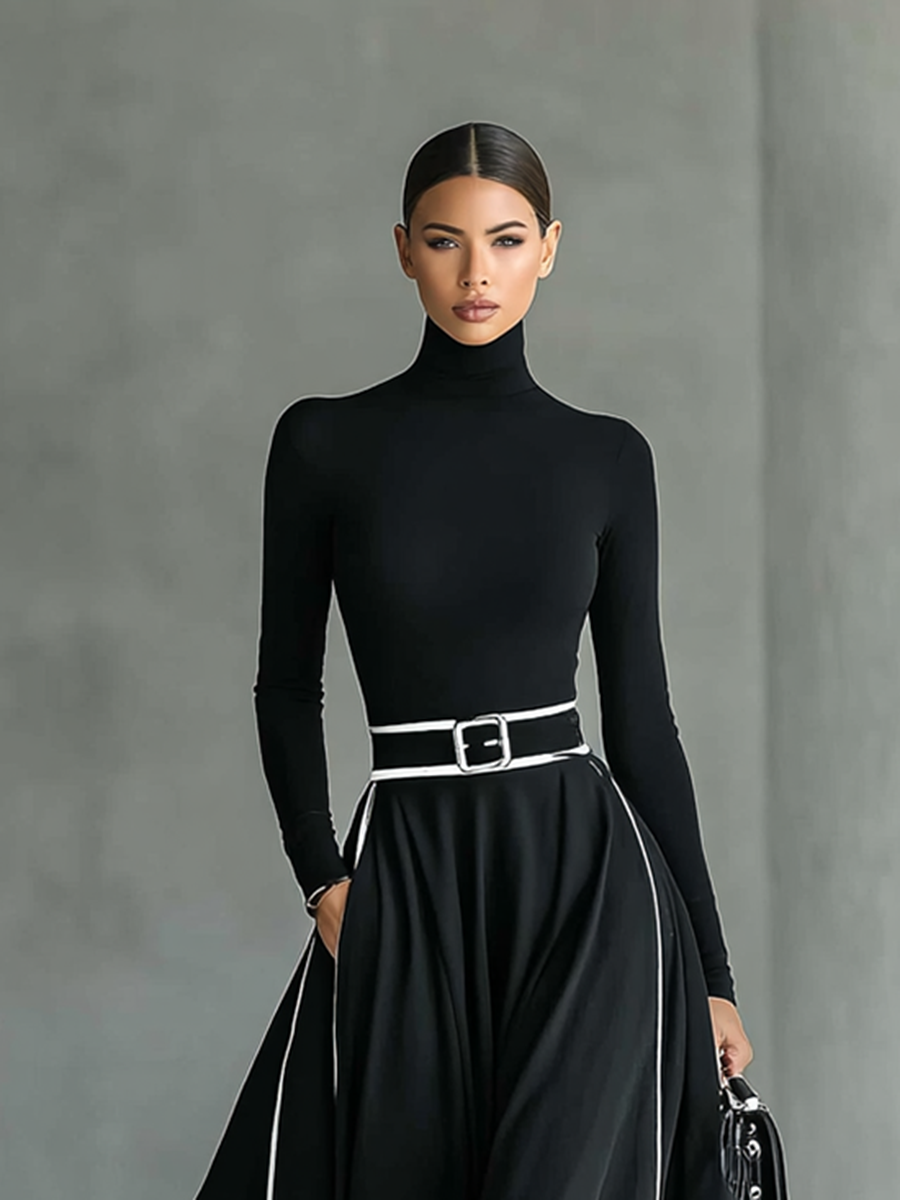 MARTINA | ROBE MAXI NOIRE AVEC COUTURES BLANCHES ET COL HAUT