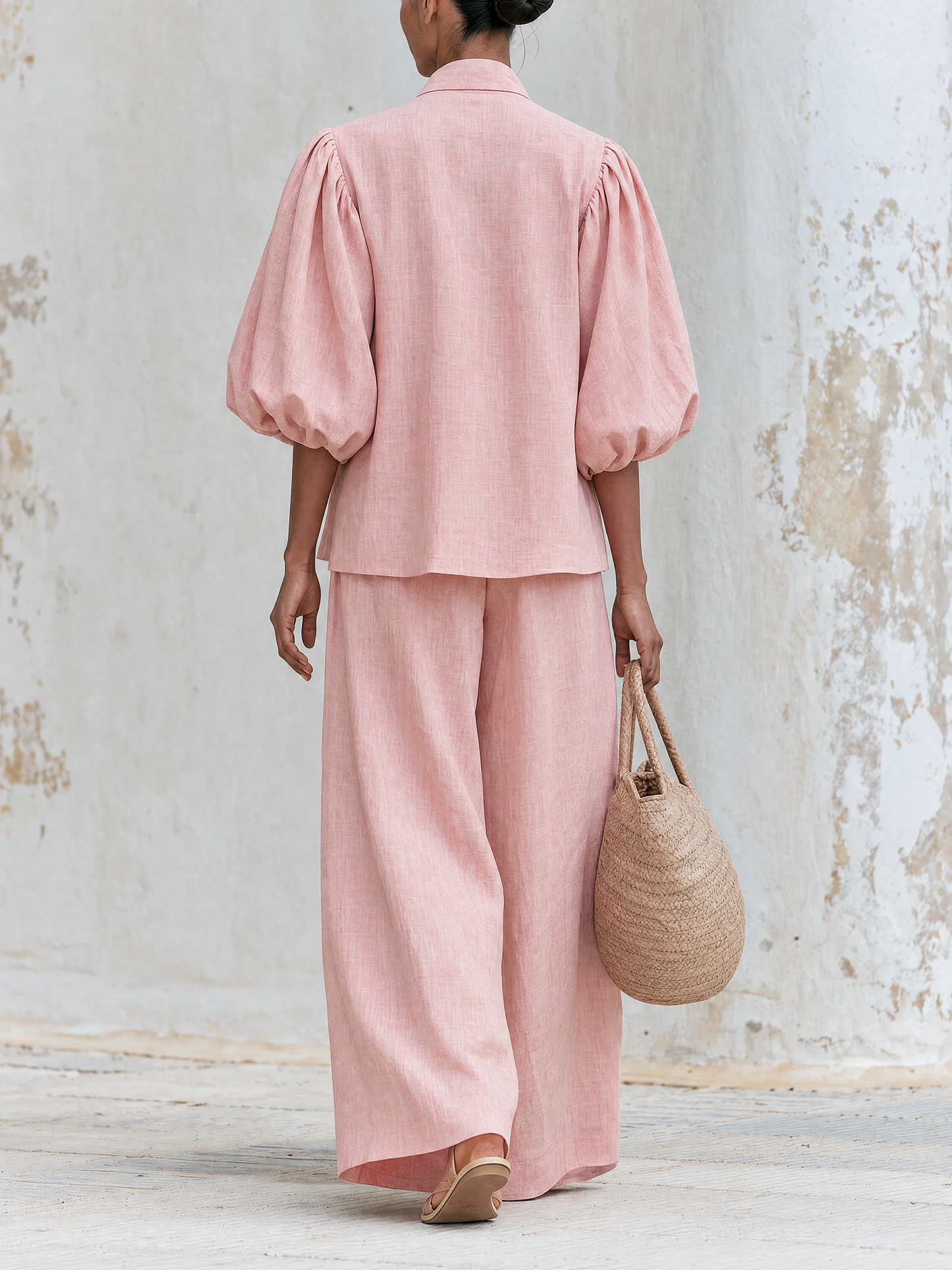 Beatrice™ | Ensemble Bohémien Rose Poudré en Mélange de Lin avec Décolleté à Nœud et Pantalons à Jambes Larges