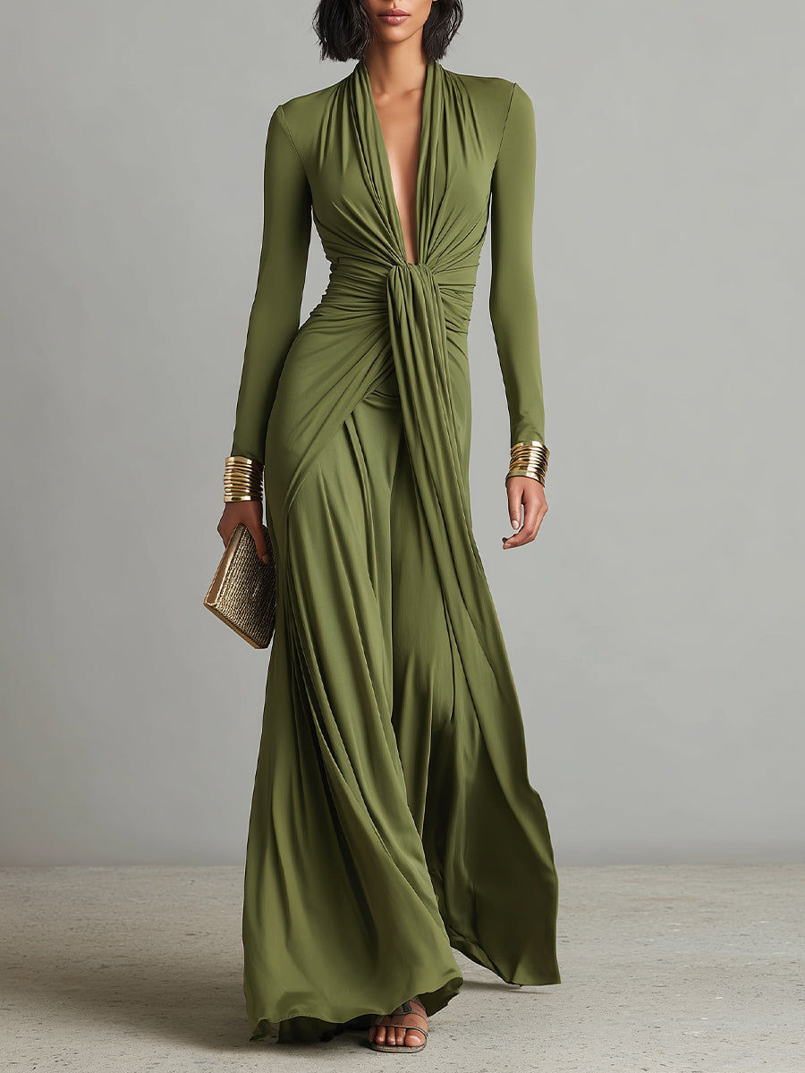 Sofía | Robe longue en soie vert olive avec décolleté en V et détails froncés