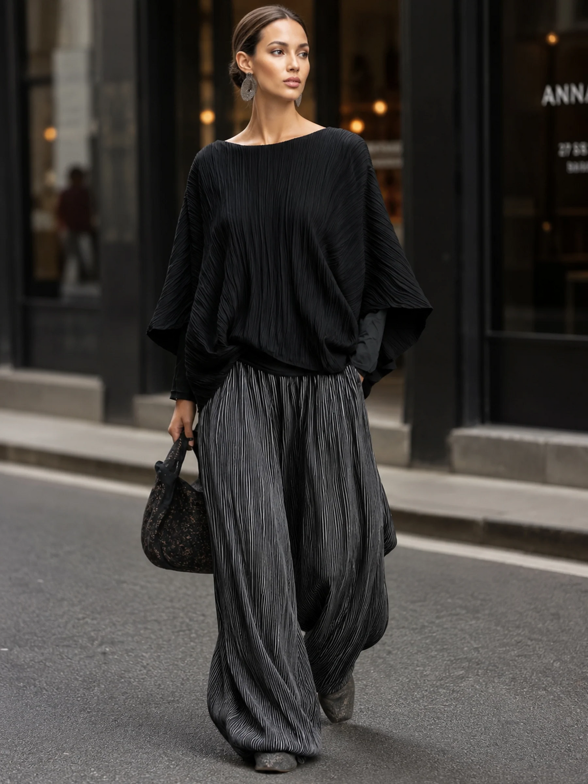 Geneviève™ | Ensemble Complet Deux Pièces Plissé avec Top Chauve-Souris et Pantalons à Jambe Large