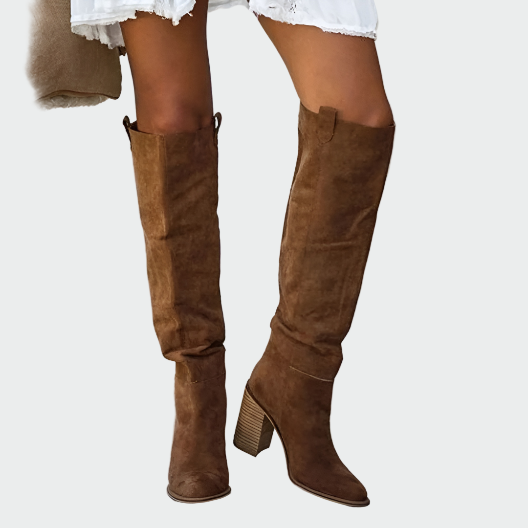 Bottes Hautes Femme Style Western en Daim Marron