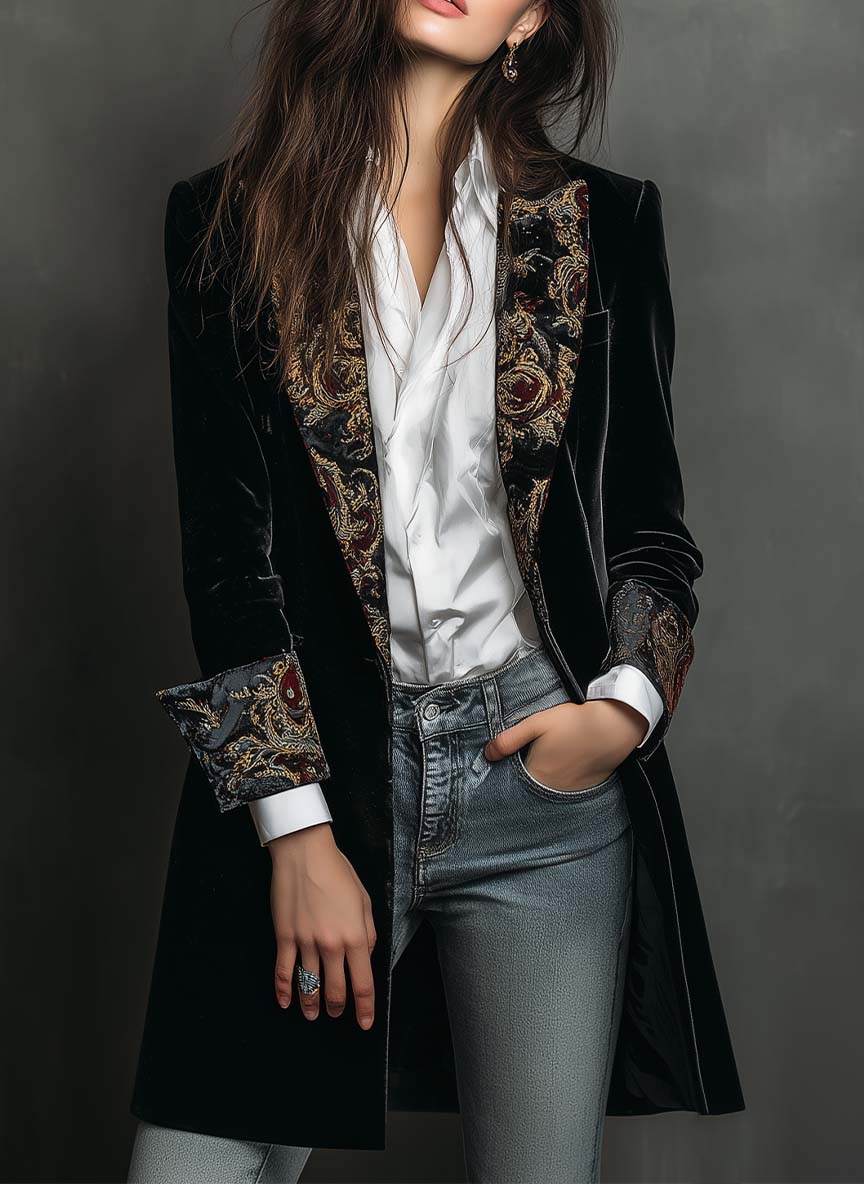 Léontine | Blazer Ajusté Imprimé Baroque Noir